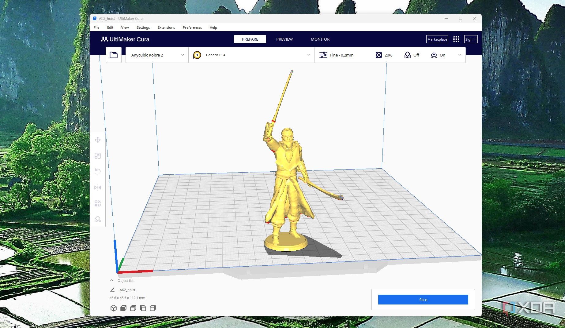 A 3D model of a character openned in Cura slicer