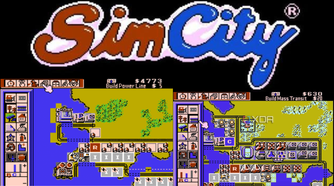 A collage of Sims City screenshots with the logo above it