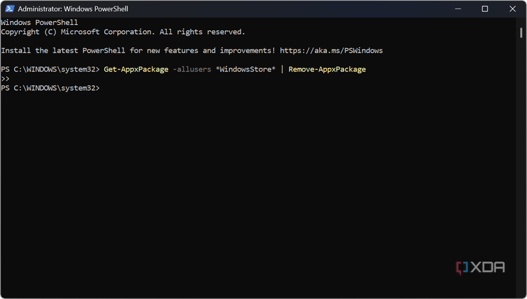 Shows PowerShell script to uninstall the Microsoft Store on Windows 11