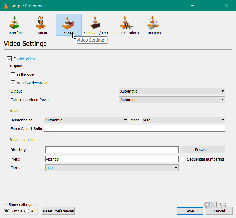 screenshot of VLC showing advanced preferences for advanced tasks 