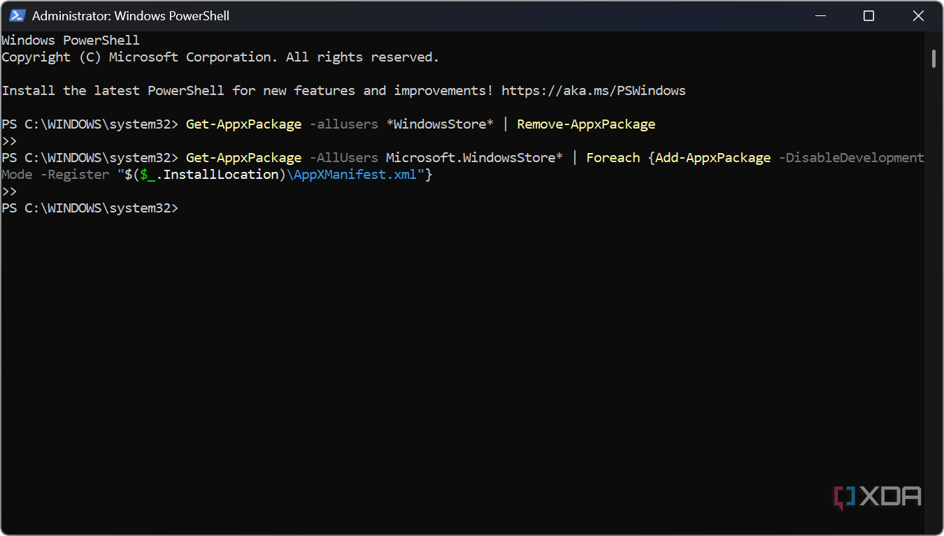screenshto shows PowerShell script to reinstall Microsoft Store on Windows