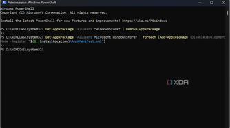 screenshto shows PowerShell script to reinstall Microsoft Store on Windows