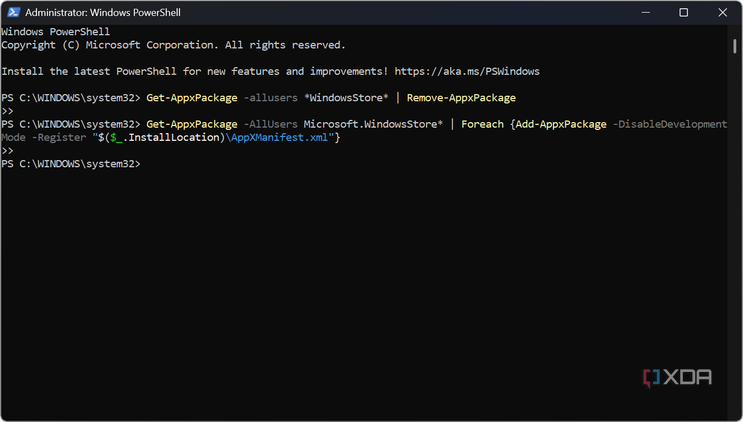 screenshto shows PowerShell script to reinstall Microsoft Store on Windows