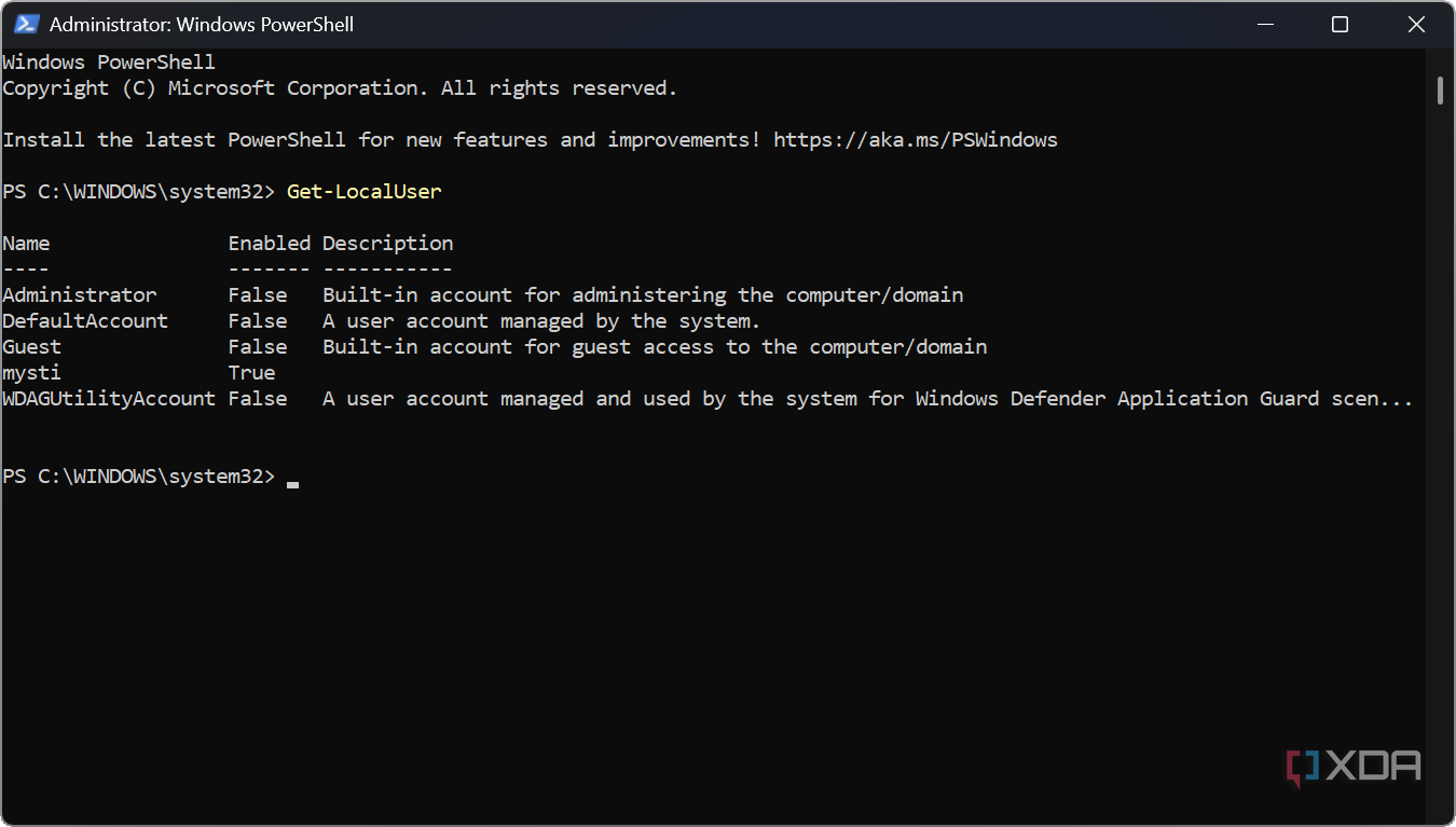 shows get local users accounts and account types in PowerShell