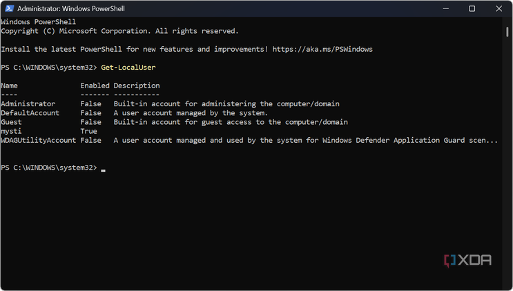 shows get local users accounts and account types in PowerShell