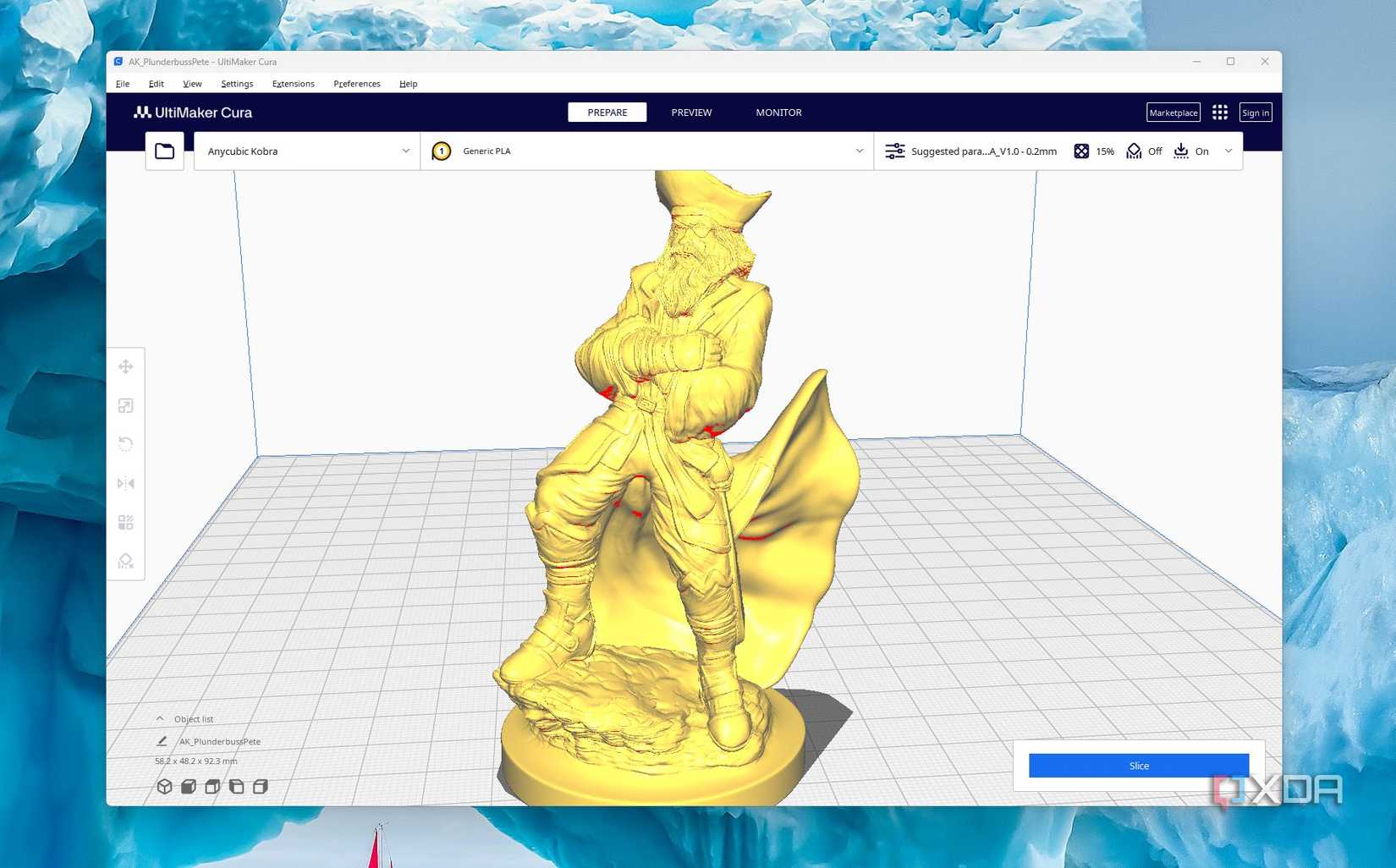 A 3D model opened in Cura slicer ready for slicing