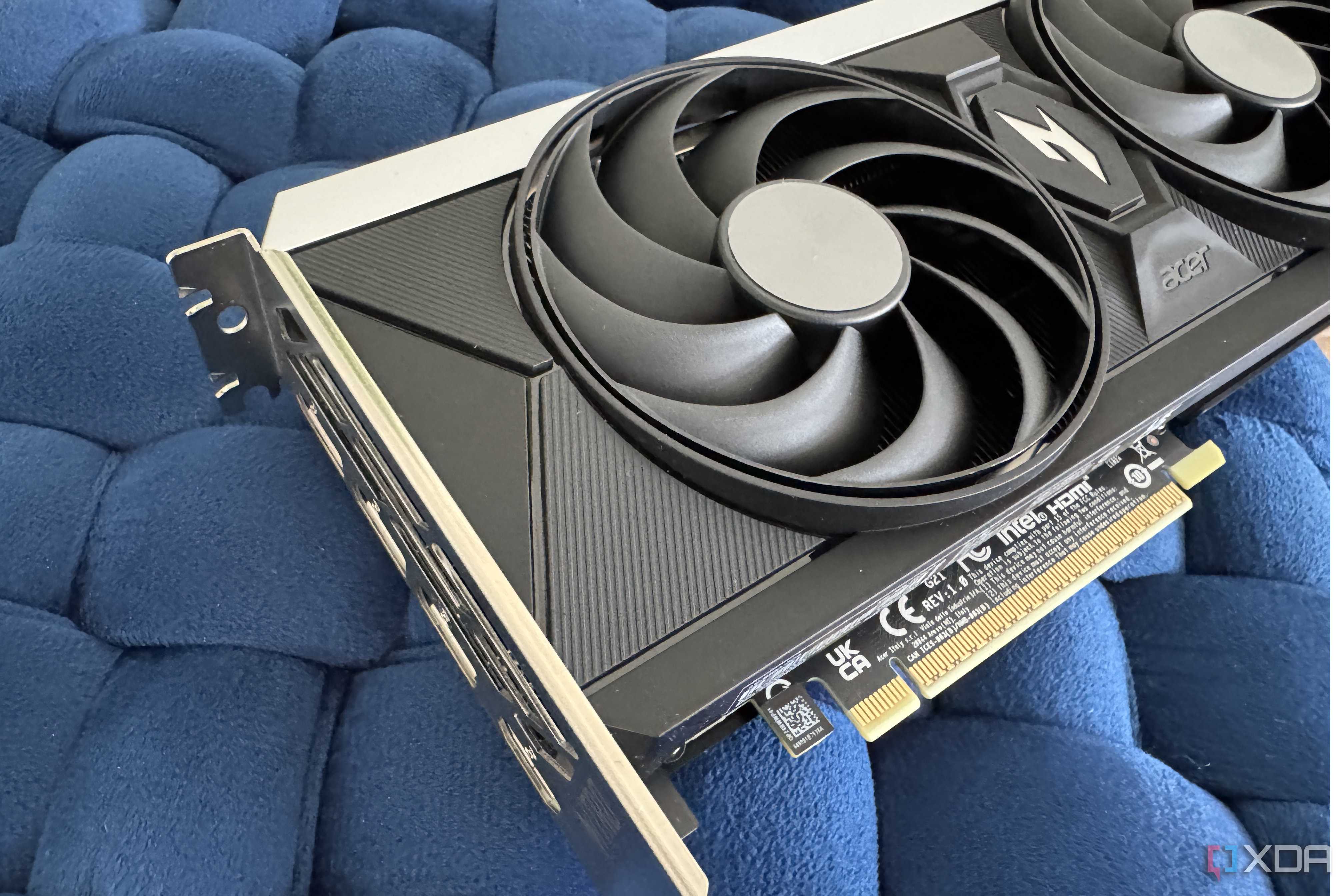 acer b580 arc gpu on a blue couch