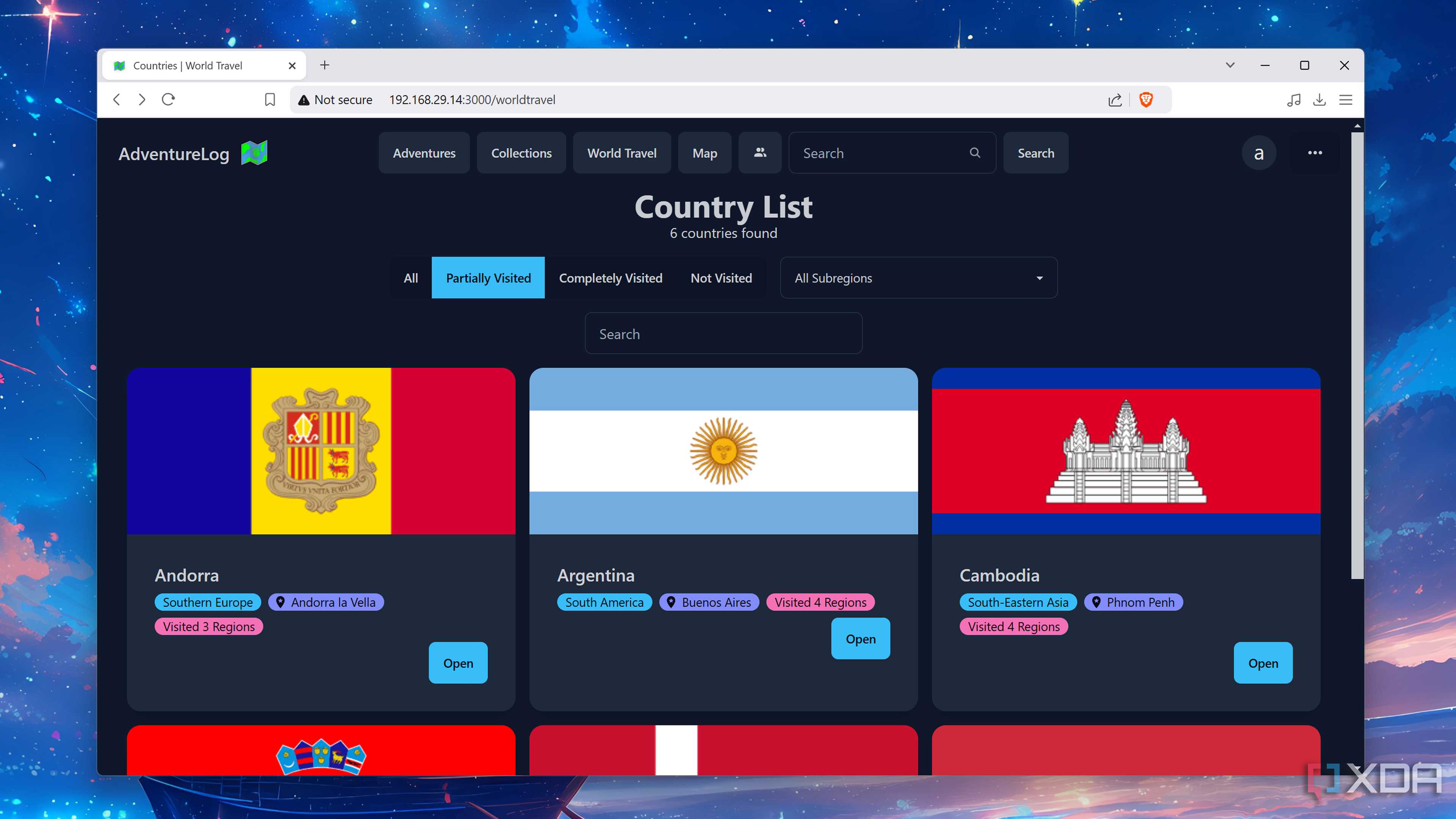 The Country List in AdventureLog