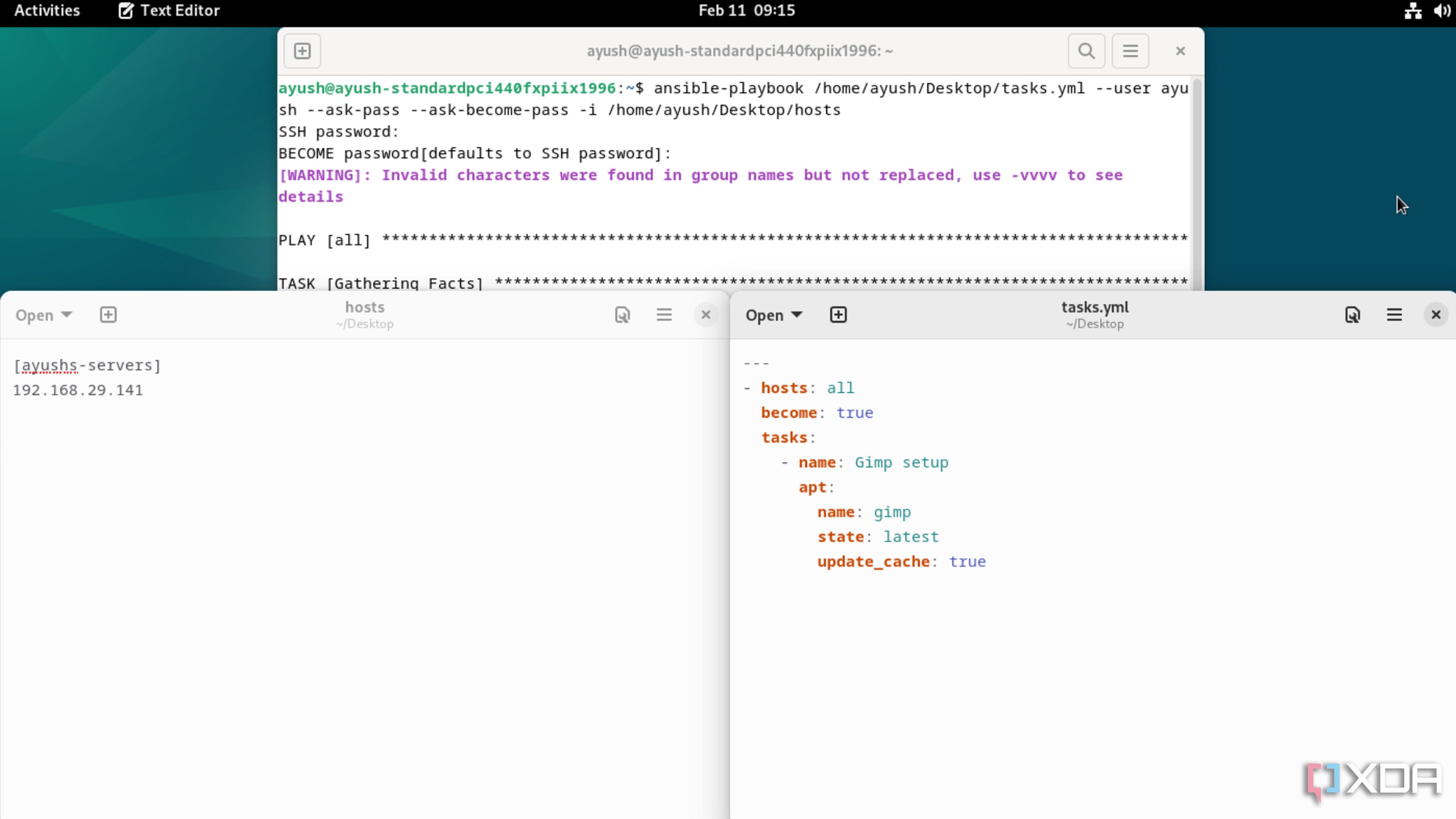 Some Ansible files and the command to execute a Playbook