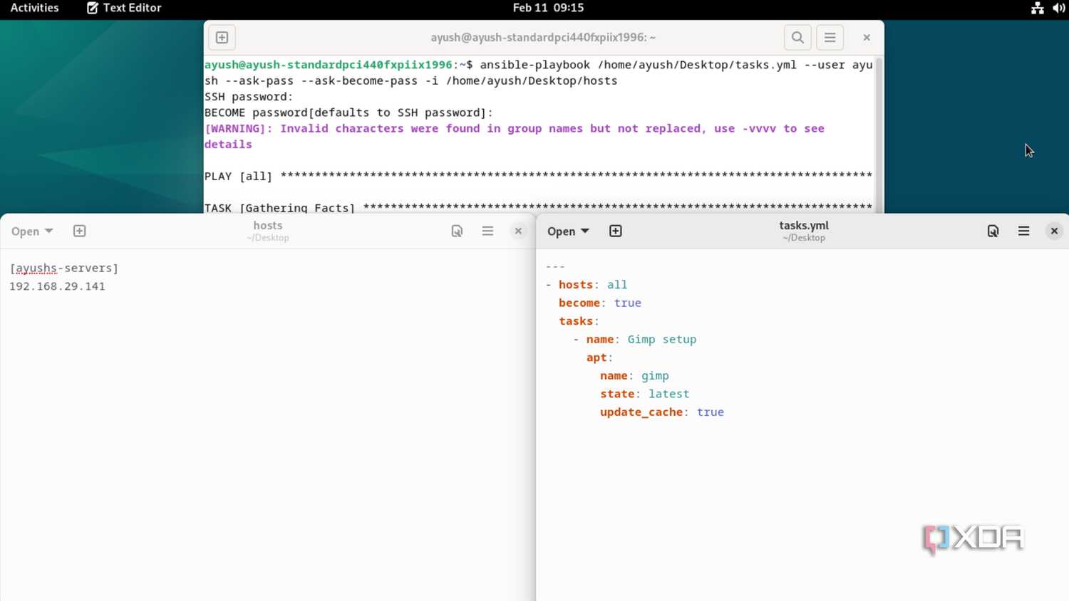 Some Ansible files and the command to execute a Playbook