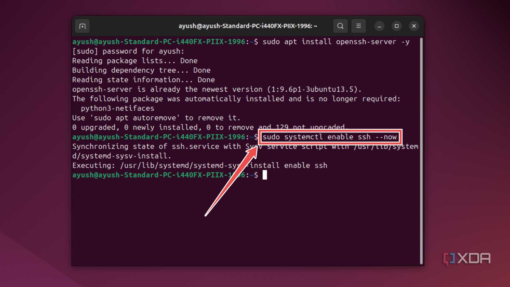 Using the systemctl command to enable the SSH server