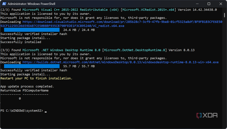 PowerShell Script for app updates displaying restart system message