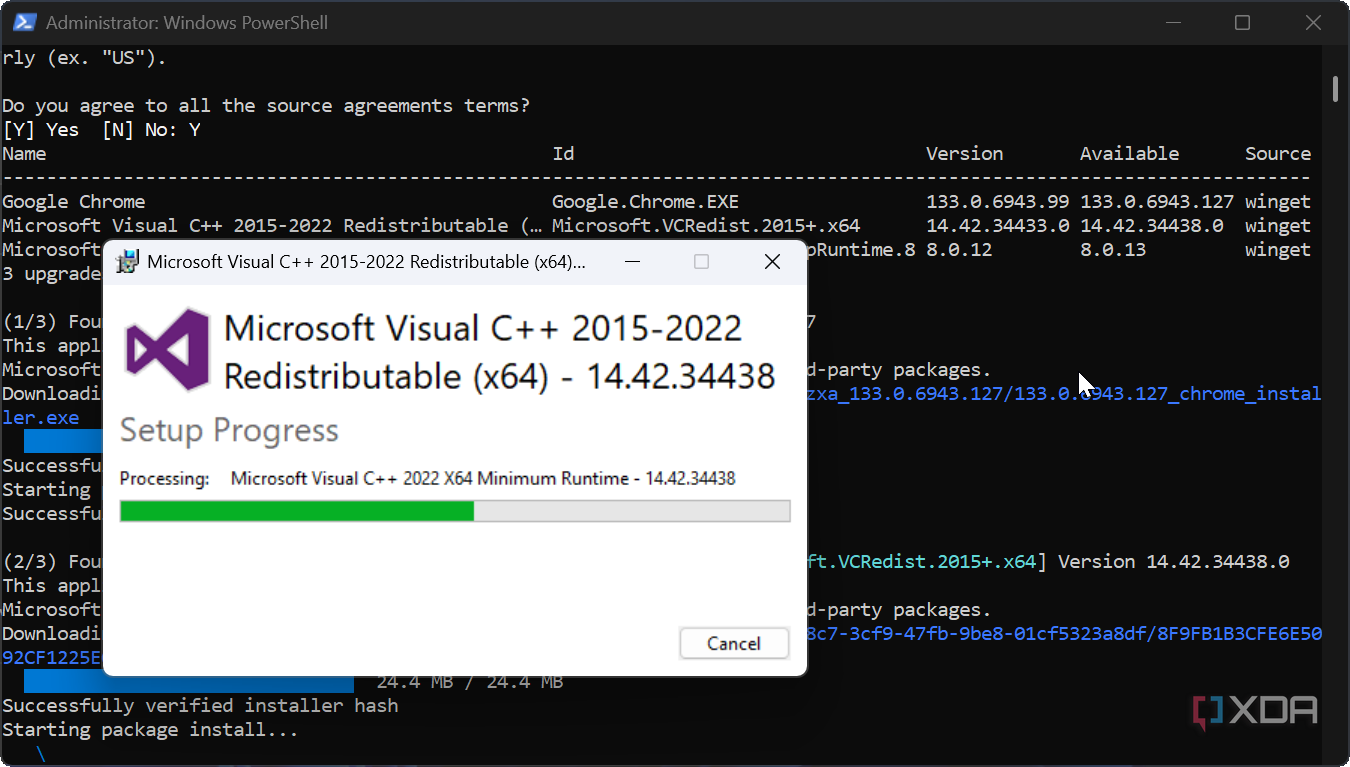 screenshot shows installing Microsoft Visual through PowerShell app update script