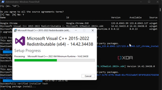 screenshot shows installing Microsoft Visual through PowerShell app update script