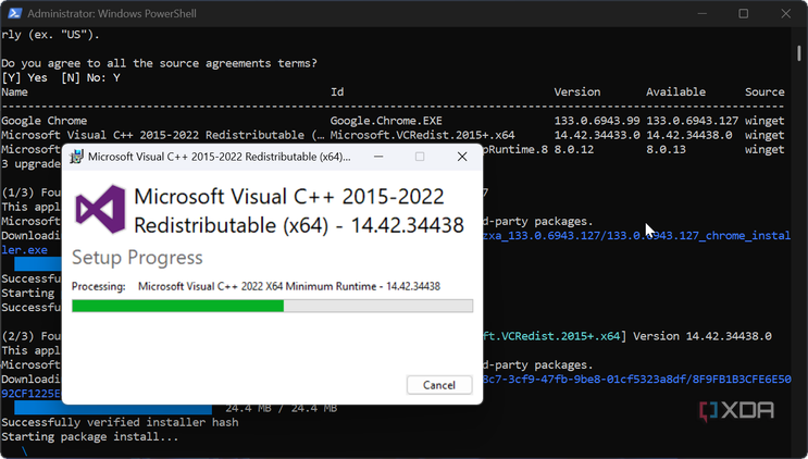 screenshot shows installing Microsoft Visual through PowerShell app update script