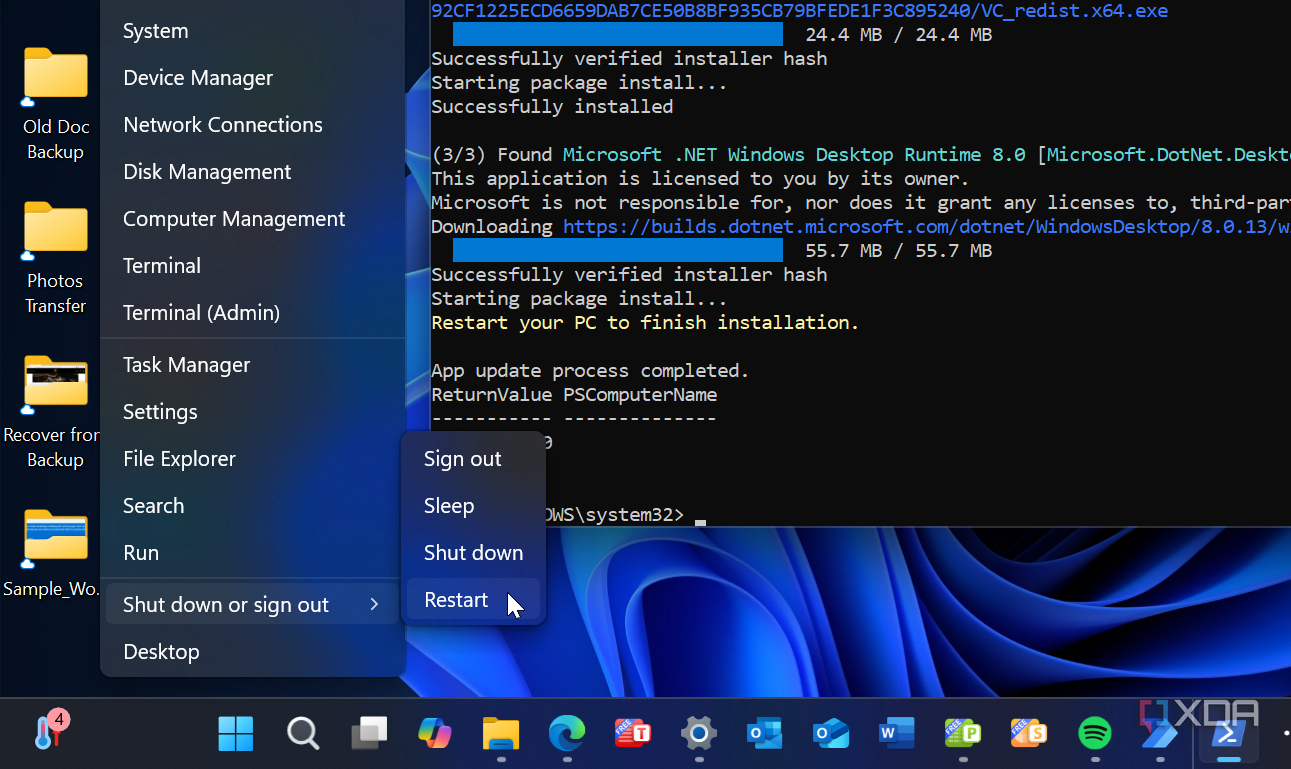 screenshot shows restarting Windows 11 after PowerShell app updates script completes