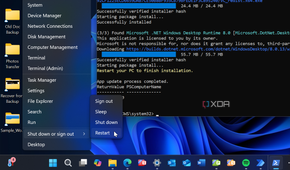 screenshot shows restarting Windows 11 after PowerShell app updates script completes