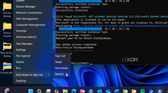 screenshot shows restarting Windows 11 after PowerShell app updates script completes
