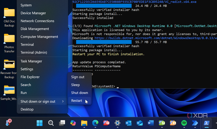 screenshot shows restarting Windows 11 after PowerShell app updates script completes