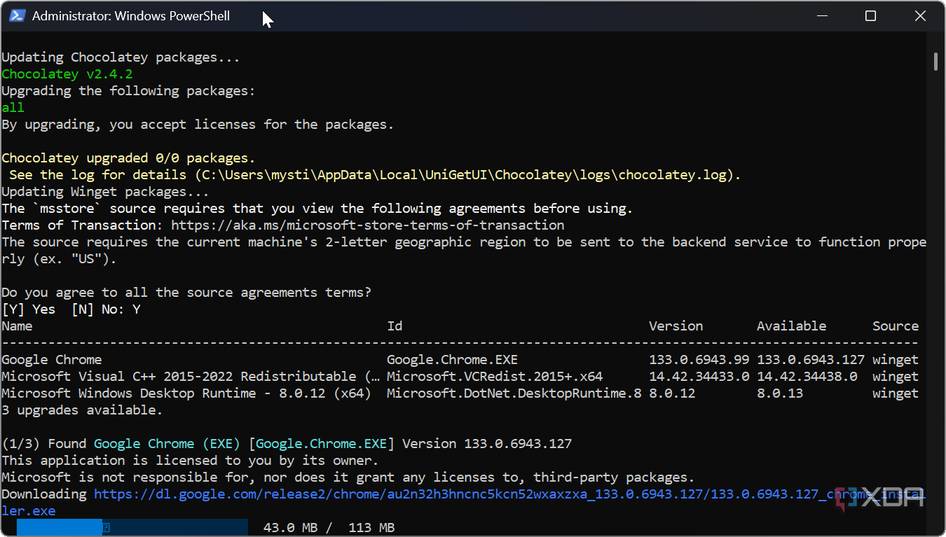 shows app update PowerShell script running on Windows 11
