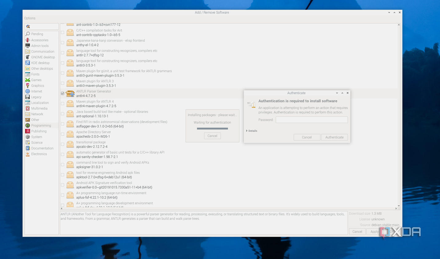 The authentification window requiring a password in Add/Remove software