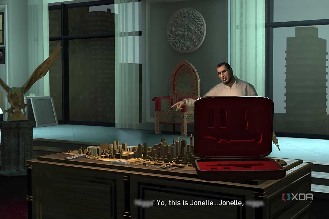 A screenshot from GTA IV: The Ballad of Gay Tony, showing a man celebrating joyously behind a table strewn with blueprints.