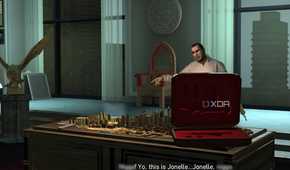 A screenshot from GTA IV: The Ballad of Gay Tony, showing a man celebrating joyously behind a table strewn with blueprints.