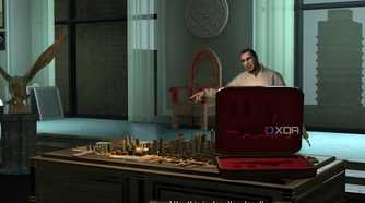 A screenshot from GTA IV: The Ballad of Gay Tony, showing a man celebrating joyously behind a table strewn with blueprints.