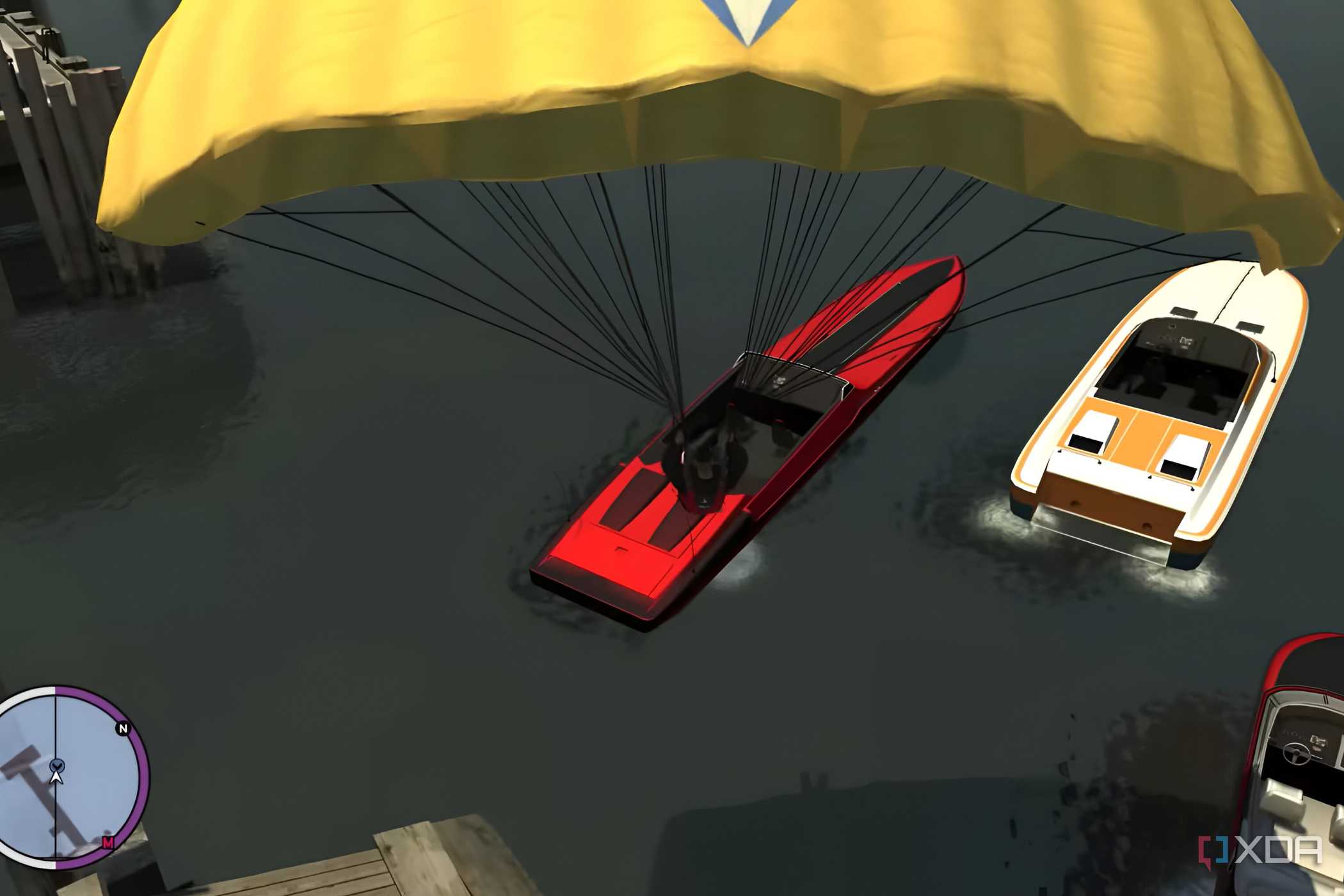 A screenshot from GTA IV: The Ballad of Gay Tony, showing a character parachute into a red boat parked in water.