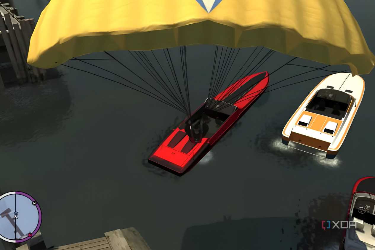 A screenshot from GTA IV: The Ballad of Gay Tony, showing a character parachute into a red boat parked in water.