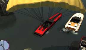 A screenshot from GTA IV: The Ballad of Gay Tony, showing a character parachute into a red boat parked in water.