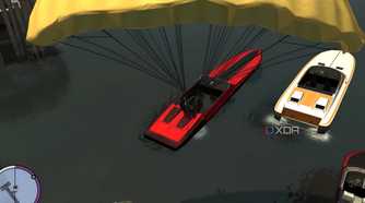 A screenshot from GTA IV: The Ballad of Gay Tony, showing a character parachute into a red boat parked in water.