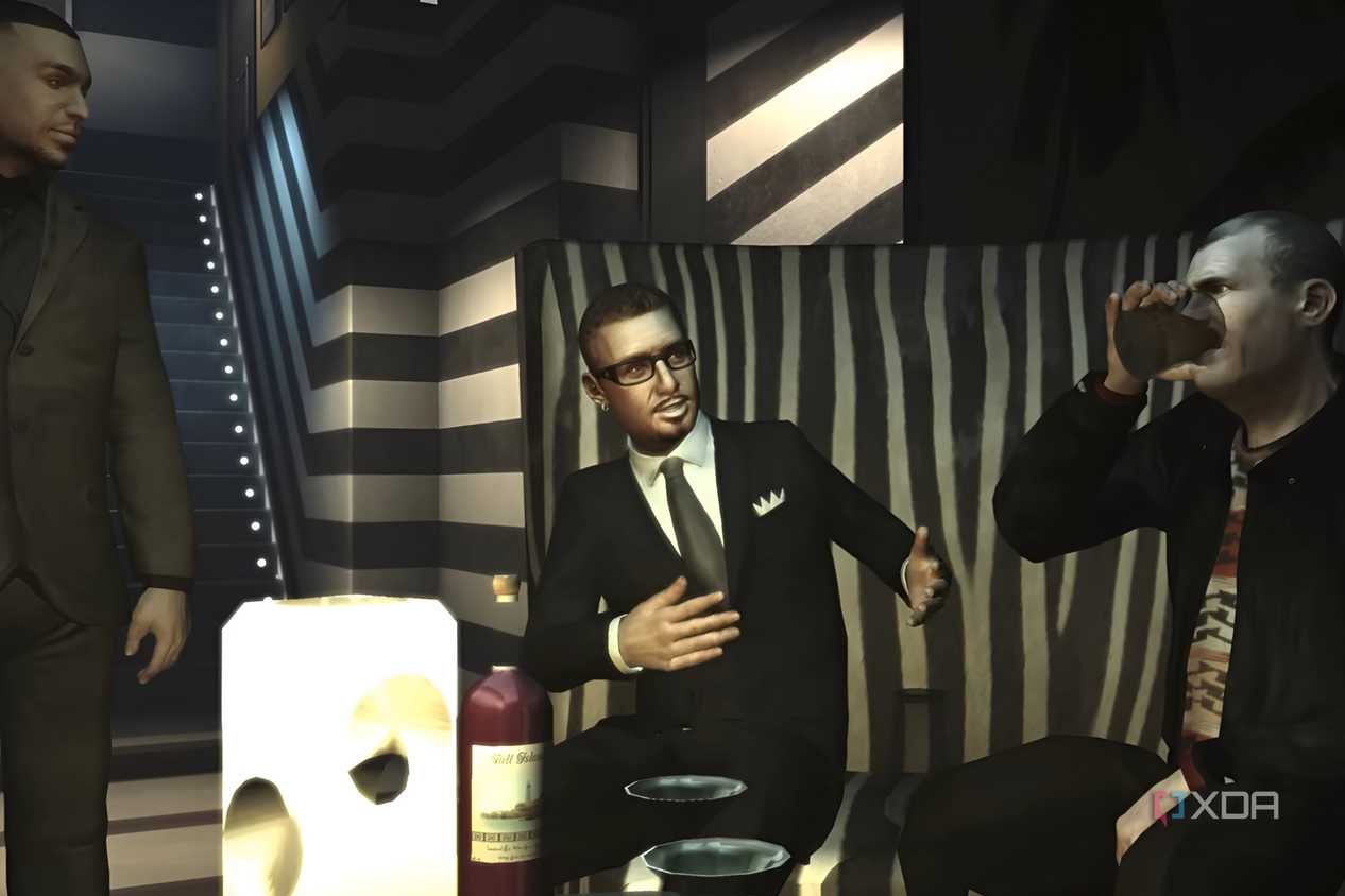 A screenshot from GTA IV: The Ballad of Gay Tony, showing three characters in suits conversing in a club.