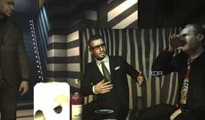 A screenshot from GTA IV: The Ballad of Gay Tony, showing three characters in suits conversing in a club.
