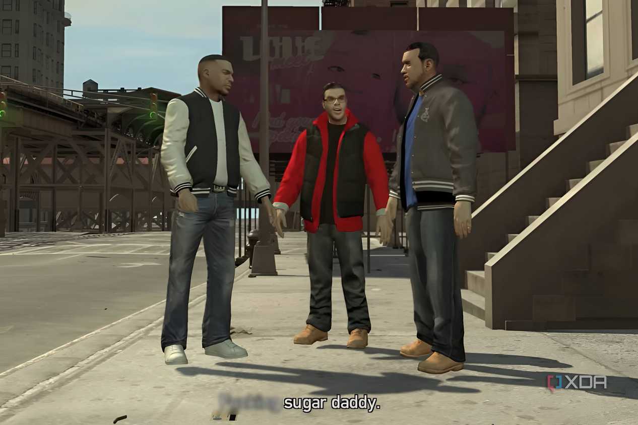 A screenshot from GTA IV: The Ballad of Gay Tony, showing three characters talking to each other in the street in daylight.