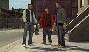 A screenshot from GTA IV: The Ballad of Gay Tony, showing three characters talking to each other in the street in daylight.