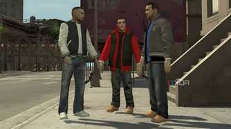 A screenshot from GTA IV: The Ballad of Gay Tony, showing three characters talking to each other in the street in daylight.