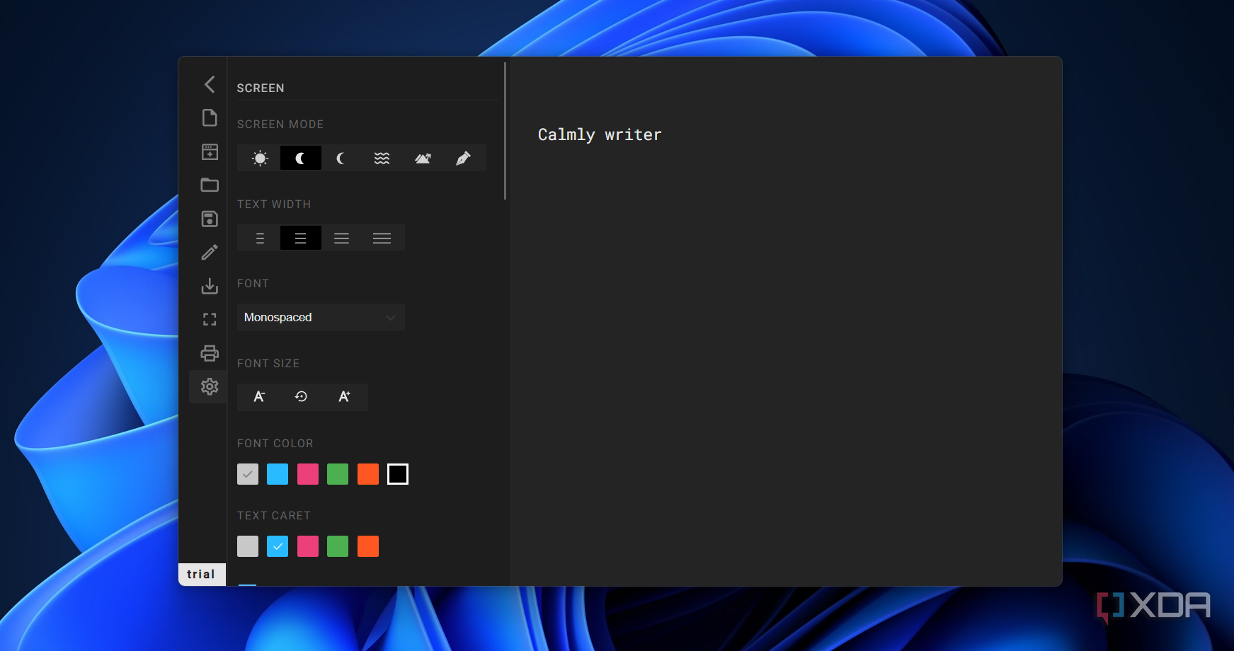 customization settings in calmly writer