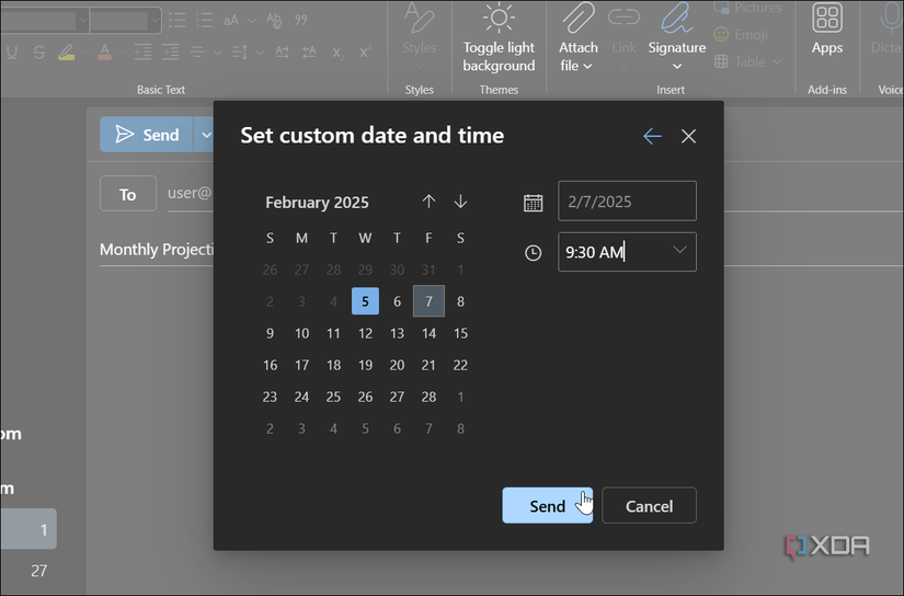 showing how to choose the time and date to schedule an email to be sent in the new Outlook app