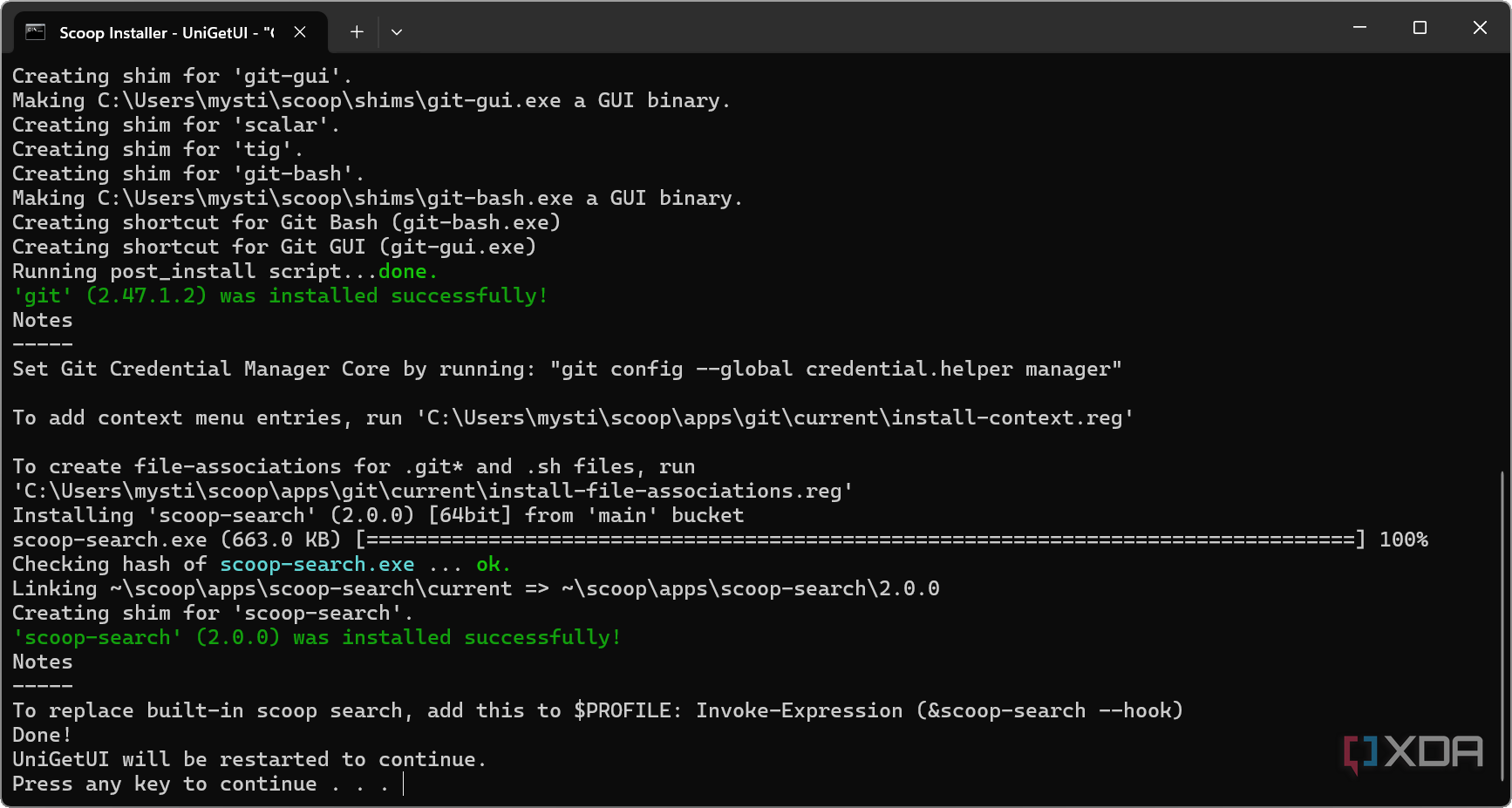 screenshot showing CLI while installing Scoop package manager on Windows