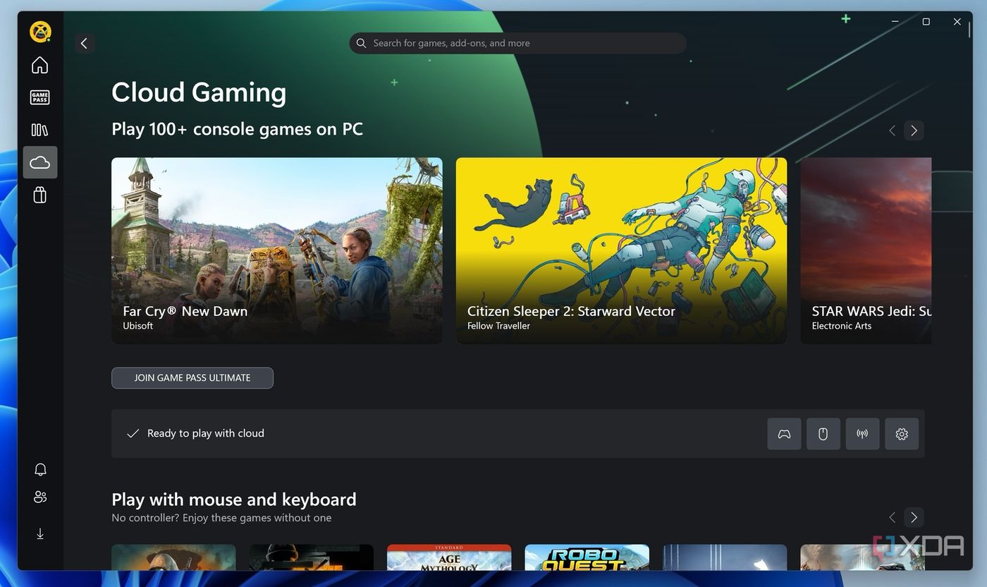 Xbox app on Windows 11 showing cloud gaming-supported games