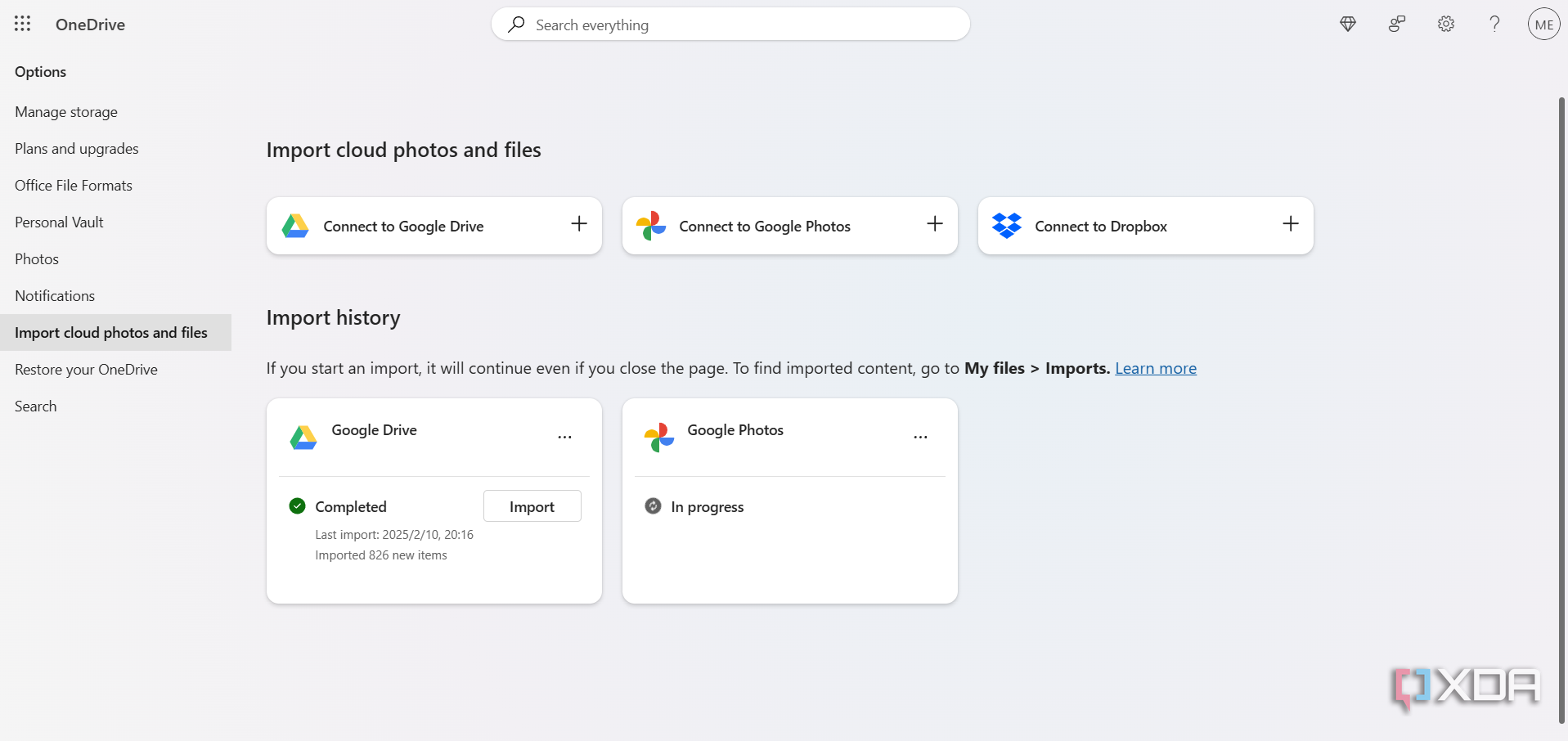 a completed google drive import on onedrive