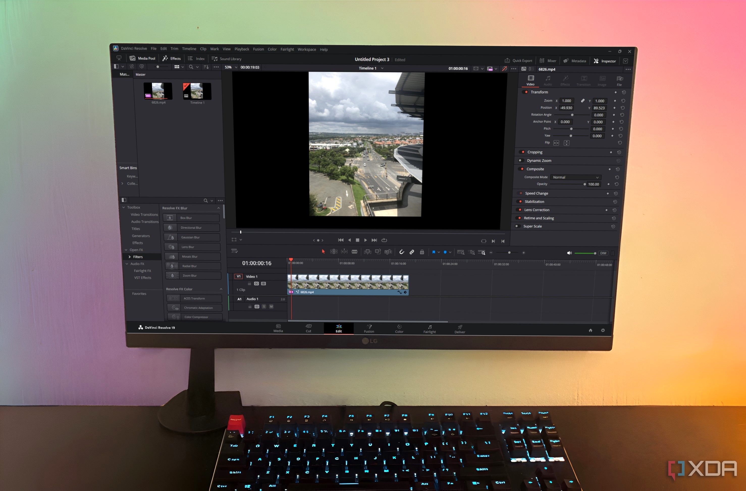 DaVinci Resolve Edit panel displayed on desktop PC, landscape footage in editing window