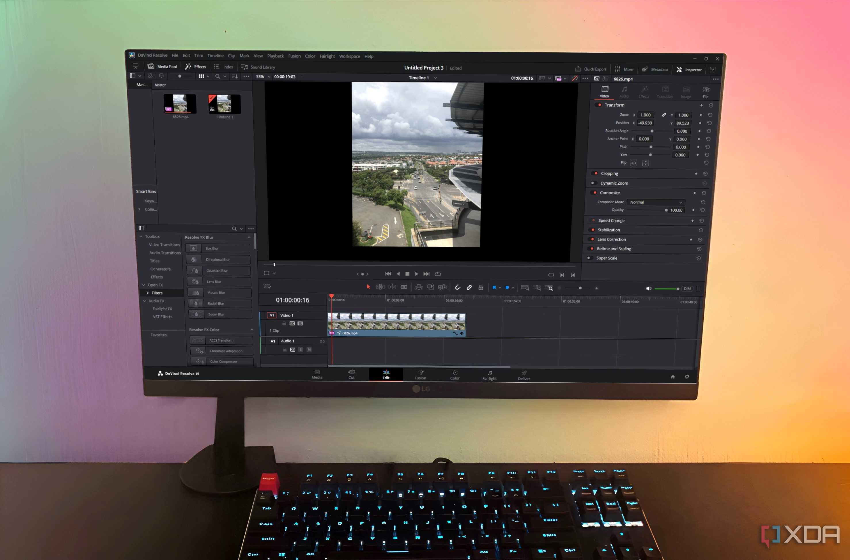 DaVinci Resolve Edit panel displayed on desktop PC, landscape footage in editing window