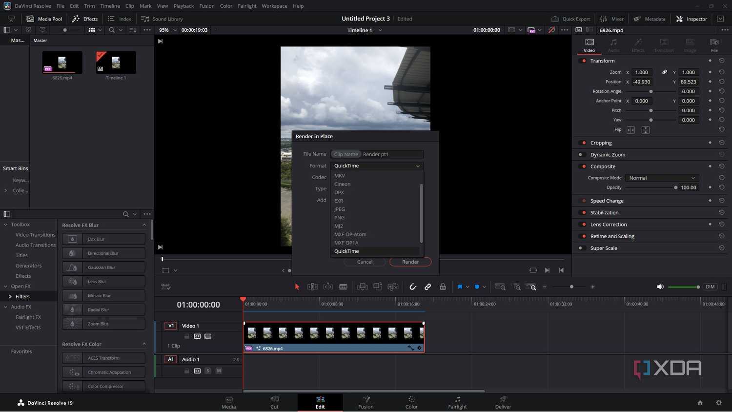 Changing settings for render in DaVinci Resolve