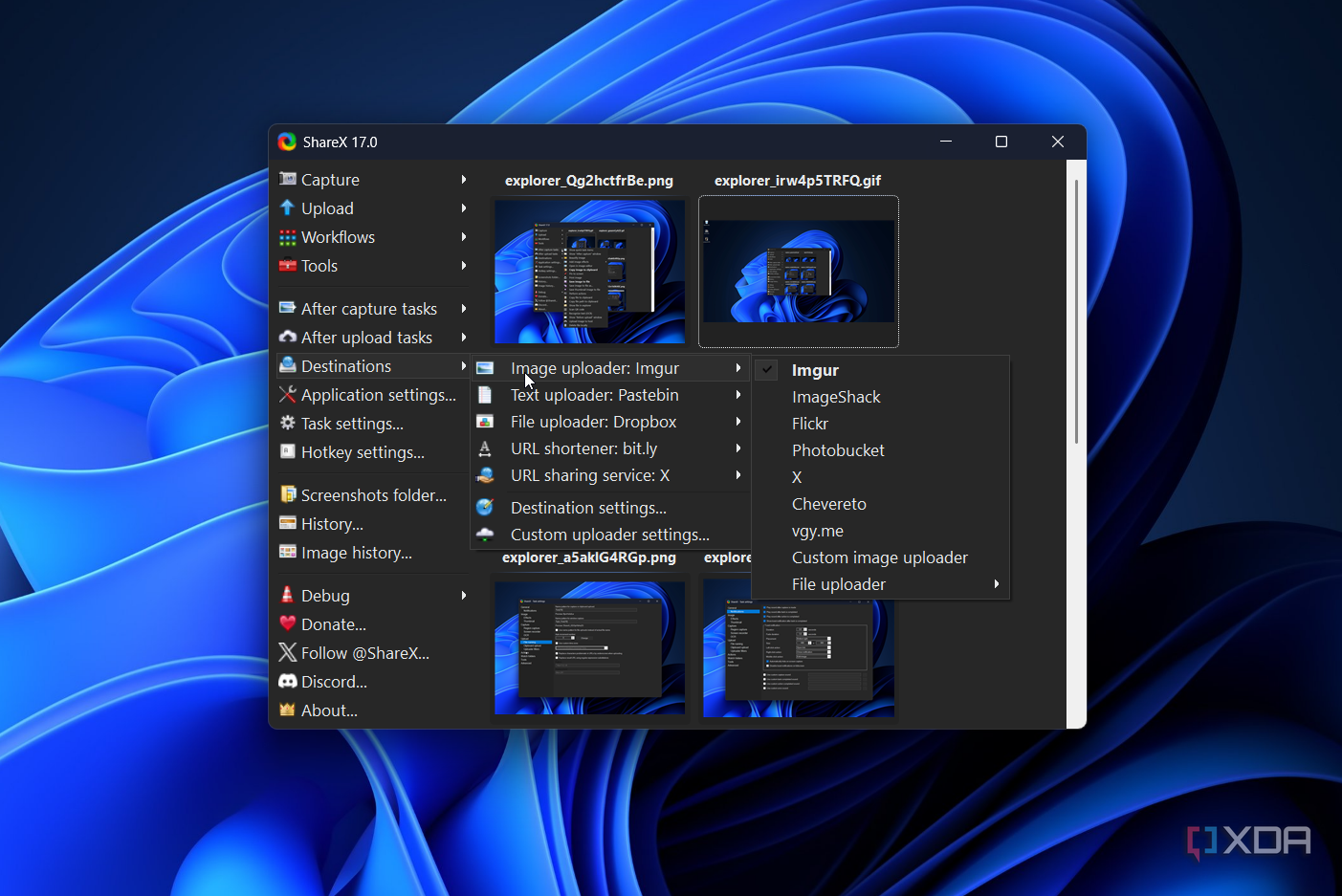destination settings in sharex
