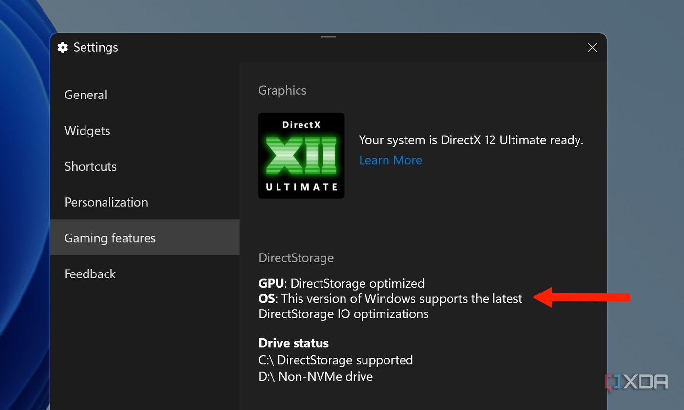 Game Bar screen showing compatibility with DirectStorage