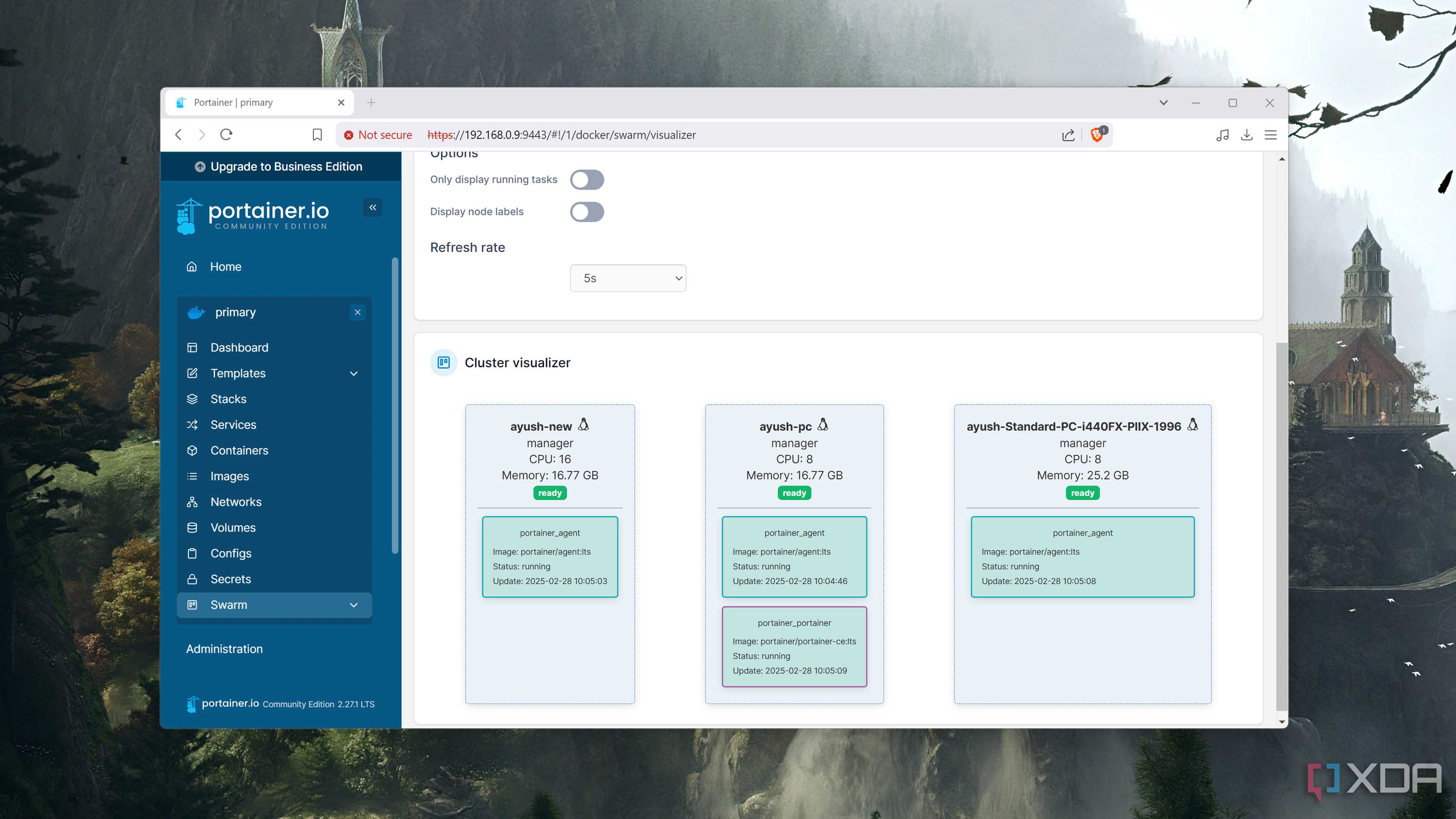 The Portainer web UI displaying a Docker Swarm environment
