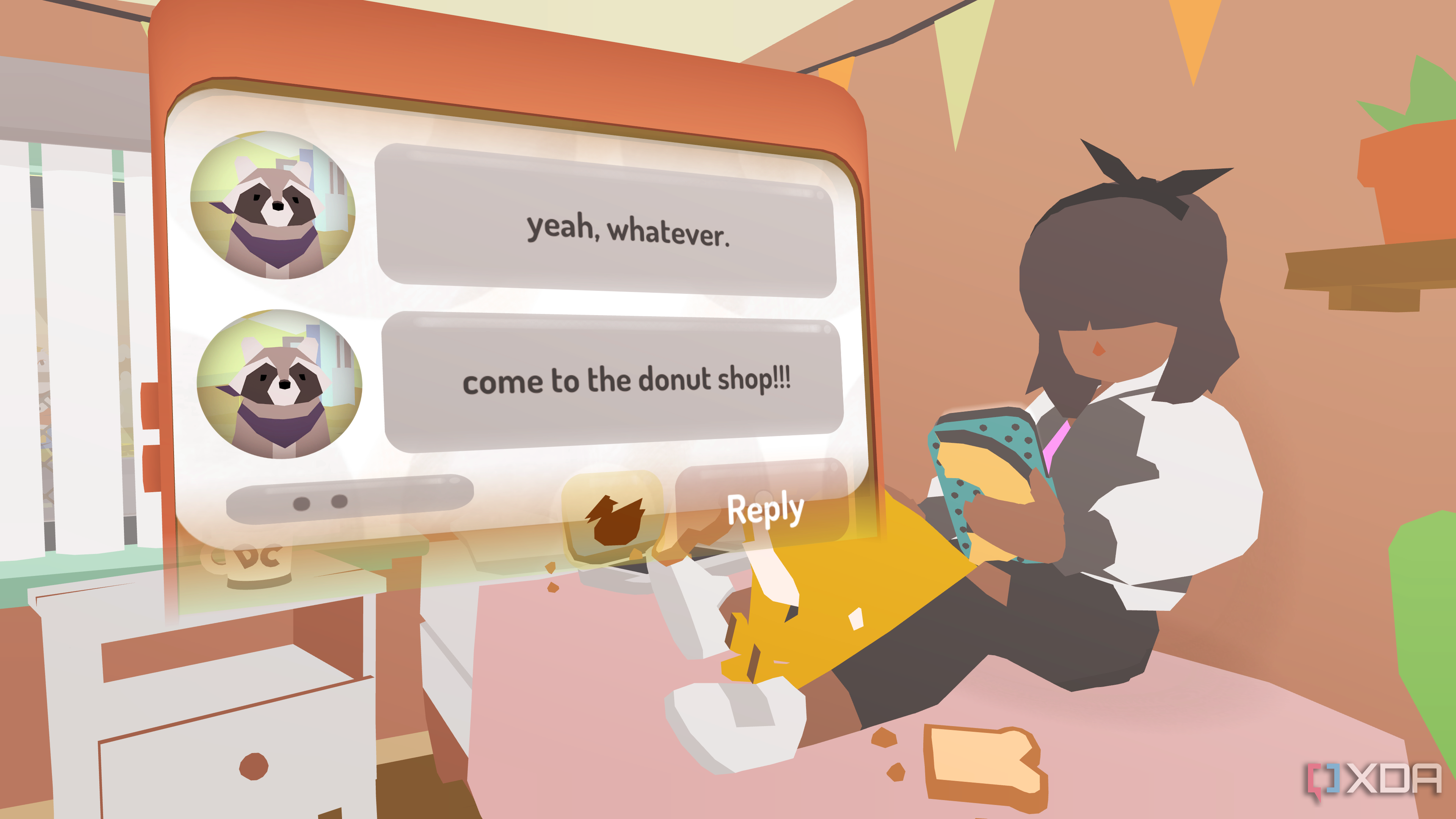 Mira sitting on bed texting in Donut County