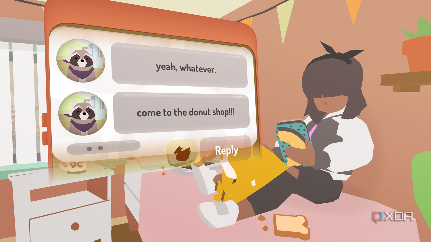 Mira sitting on bed texting in Donut County